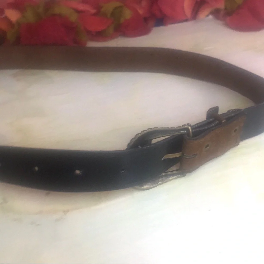 Brown Suede Leather Western Style Belt with Floral Brass Buckle